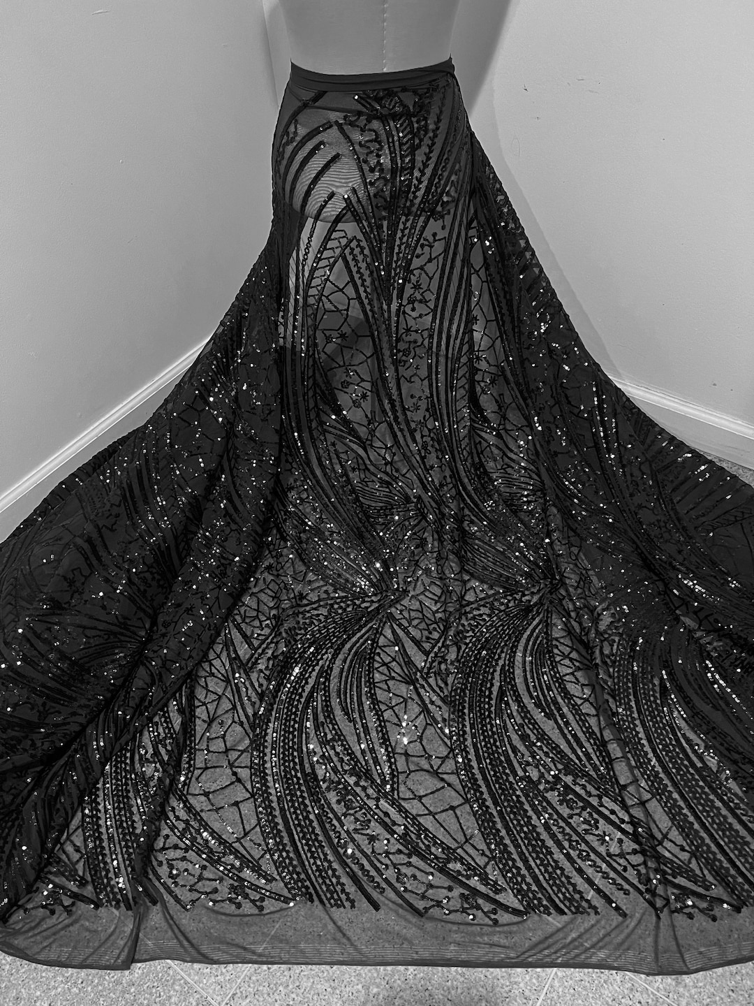 Fringe Sequins Design On A Black 4 Way Stretch Mesh Prom Fabric (1 Yard, Silver) main image 1