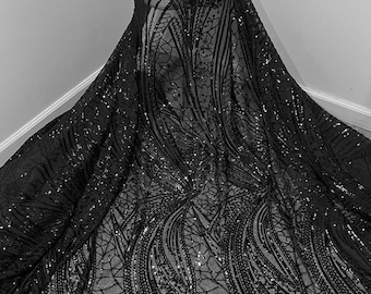 Black  4way stretch sequins lace mesh fabric 50” width sold by the yard