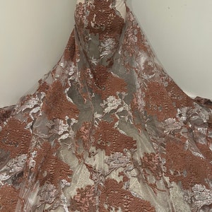 Coco Brown silver metallic Brocade on white organza Fabric 50” Width Sold By The Yard