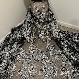 Silver gold black 1way stretch sequins embroidered lace mesh fabric 50” width sold by the yard
