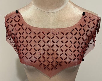 Burgundy Beaded stretch mesh lace neckline collar appliqués 1 pc