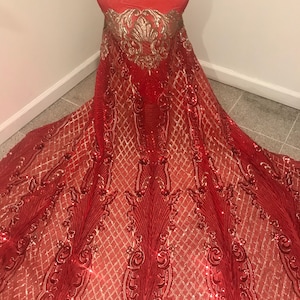 Red gold 4way stretch sequins lace mesh fabric 50” Wide sold by the yard