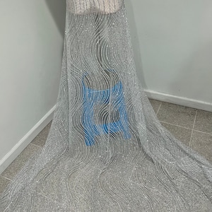 Silber-Weiß-Welle Strass Glitzer Spitze Mesh-Gewebe 120 cm Breite verkauft lose Lagerware