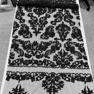 Black corded embroidery beaded sequins bridal lace fabric 50” width 1/2 yard