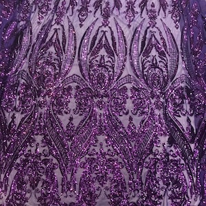 Purple 4way Stretch Sequins Lace Mesh Fabric 50” Wide Sold by the Yard ...