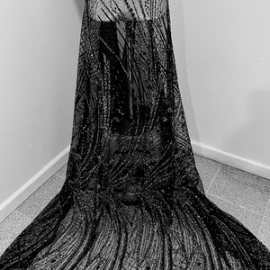 Black Silver Rhinestones glitter lace mesh fabric 48” width sold by the yard