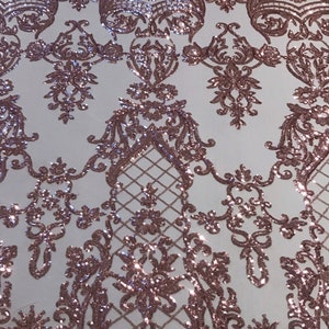 Mermaid Design Fabric - Gold - 4 Way Stretch Sequins Fabric on Lace Mesh Sold By Yard