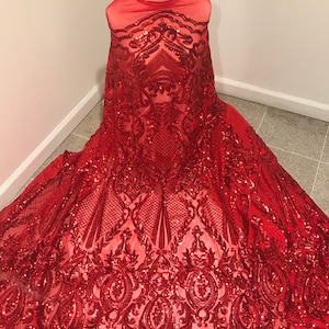 RED 4way stretch sequins lace mesh fabric 50” width sold by the yard