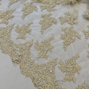 Gold beaded sequins embroidery bridal lace fabric 50” width sold by the Yard