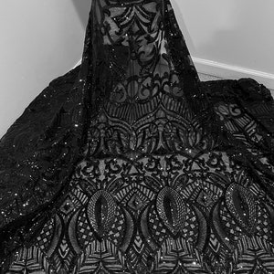 Black 4way stretch sequins lace mesh fabric 50” width sold by the yard