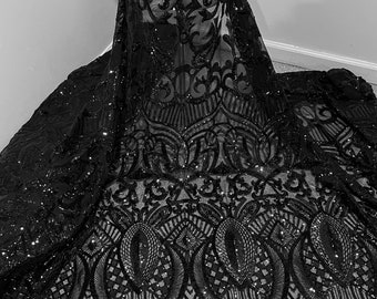 Black 4way stretch sequins lace mesh fabric 50” width sold by the yard