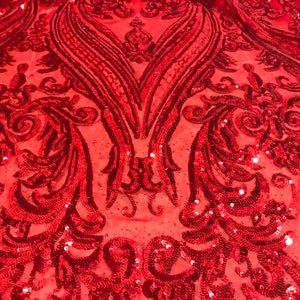 Fashion Design Sequins Embroider on a 4 Way Stretch Mesh Fabric- Sold by The Yard. Red