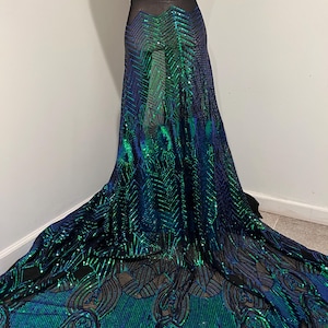 2 yard Green Blue Black 4way stretch iridescent sequins  lace  fabric 50” Wide