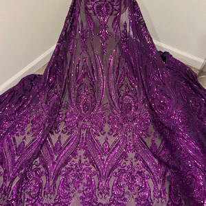 Purple 4way stretch sequins lace mesh fabric 50” width sold by the yard