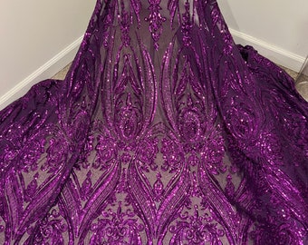 Purple 4way stretch sequins lace mesh fabric 50” width sold by the yard