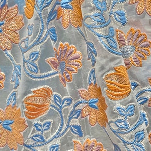 Orange Blue White Metallic Brocade Organza Fabric 58” Width Sold By The Yard