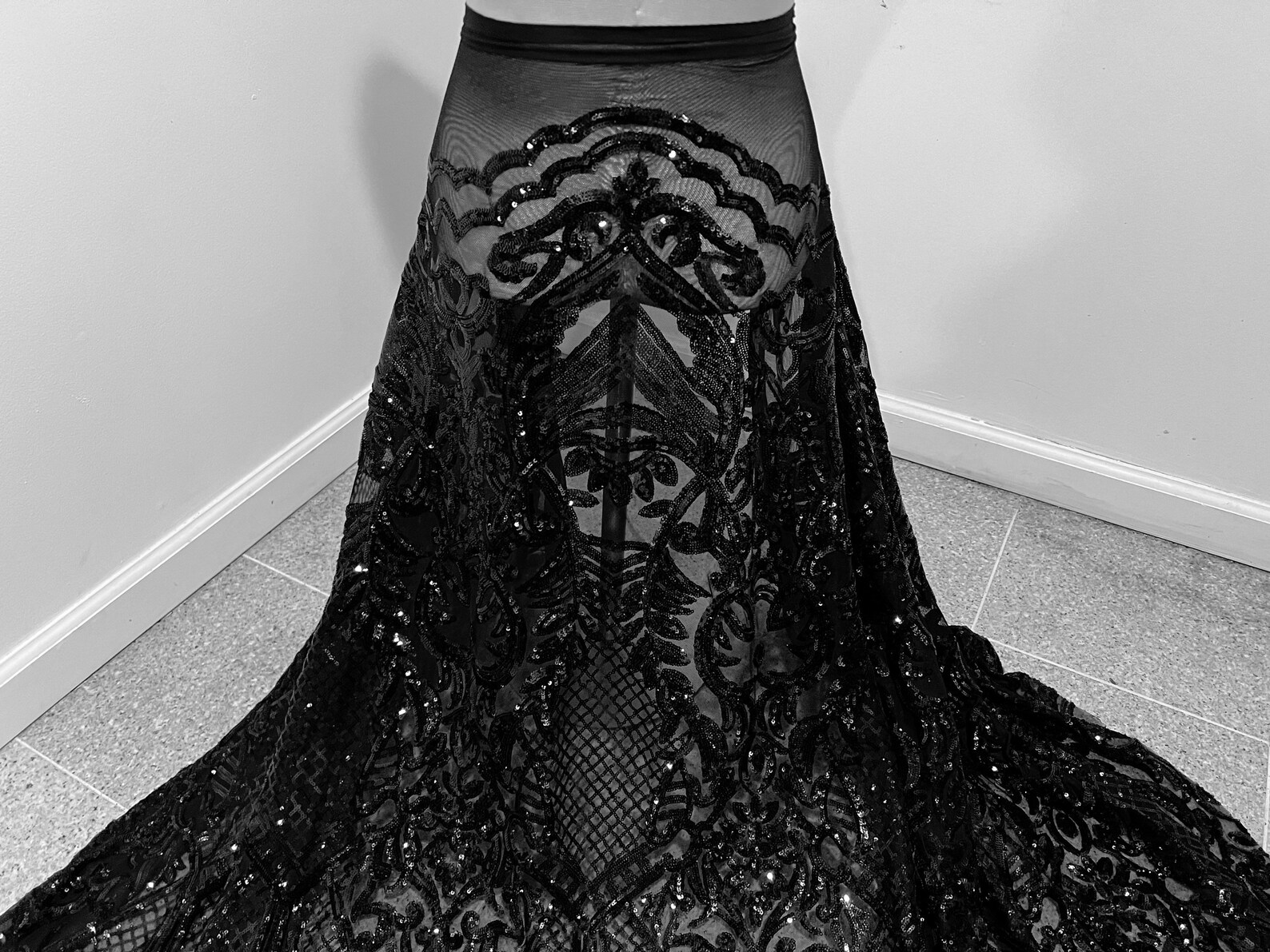 Fringe Sequins Design On A Black 4 Way Stretch Mesh Prom Fabric (1 Yard, Gold)