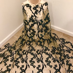 Green gold velvet embroidery lace mesh fabric sold by the yard