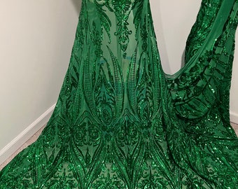 Emerald green 4way stretch sequins lace mesh fabric 50” width sold by the yard