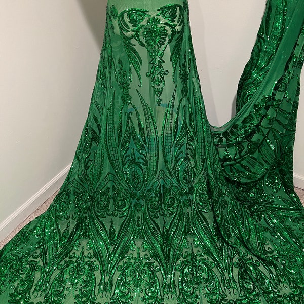 Emerald green 4way stretch sequins lace mesh fabric 50” width sold by the yard