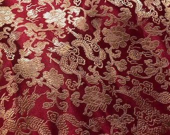 Burgundy gold Dragon Brocade Fabric 45” Width Sold By The Yard