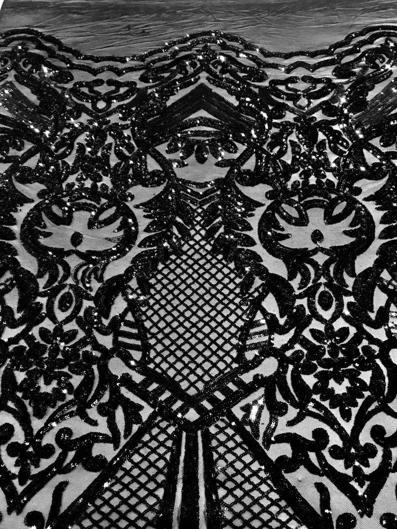 Fringe Sequins Design On A Black 4 Way Stretch Mesh Prom Fabric (1 Yard, Silver) main image 0