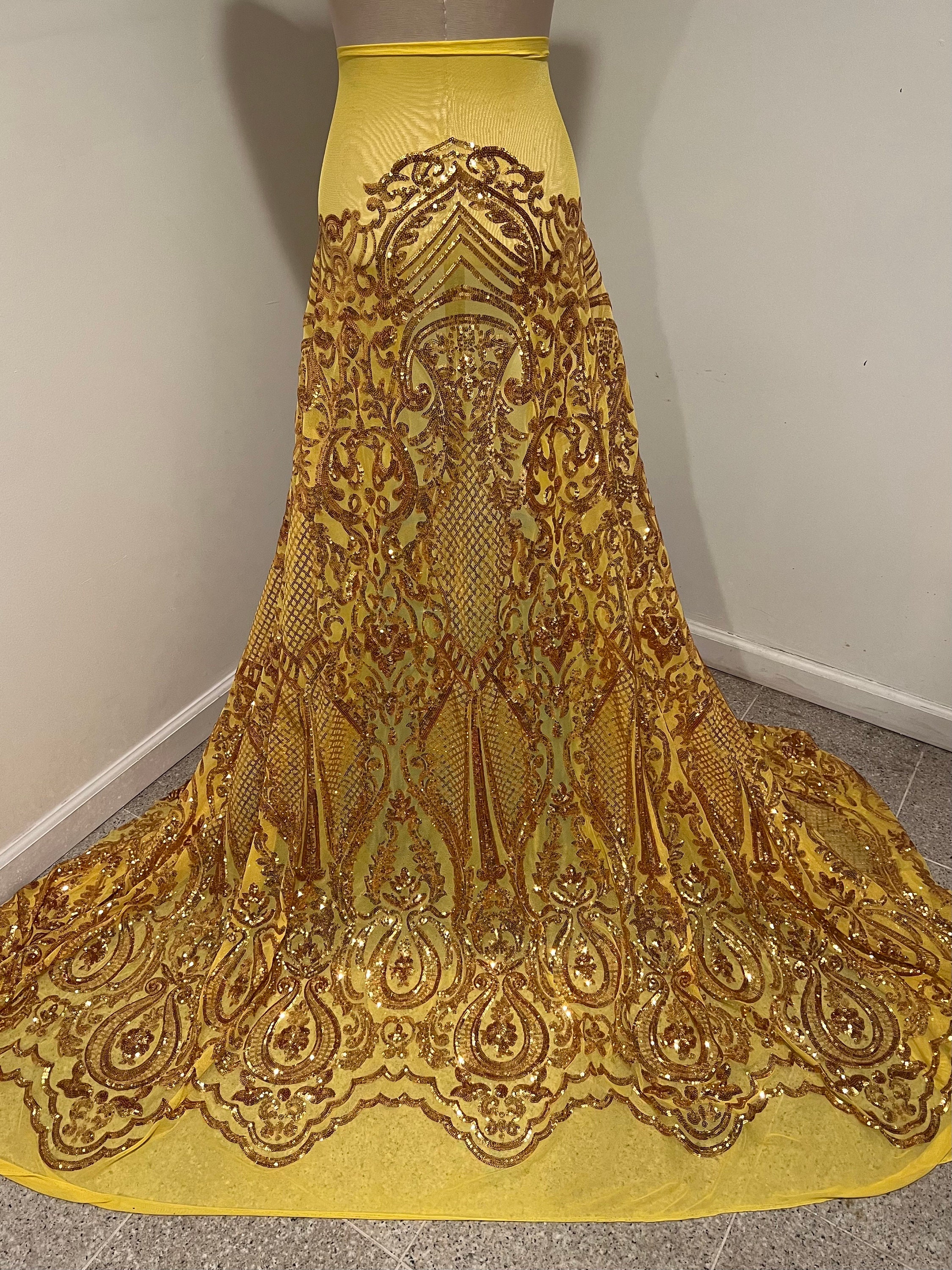 Yellow gold 4way stretch sequins lace mesh fabric 50” width sold by the yard