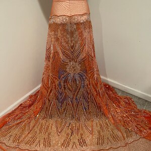 Orange Gold Silver heavy beaded with Iridescent sequins Embroidery mesh bridal lace fabric 50” width sold by the Yard