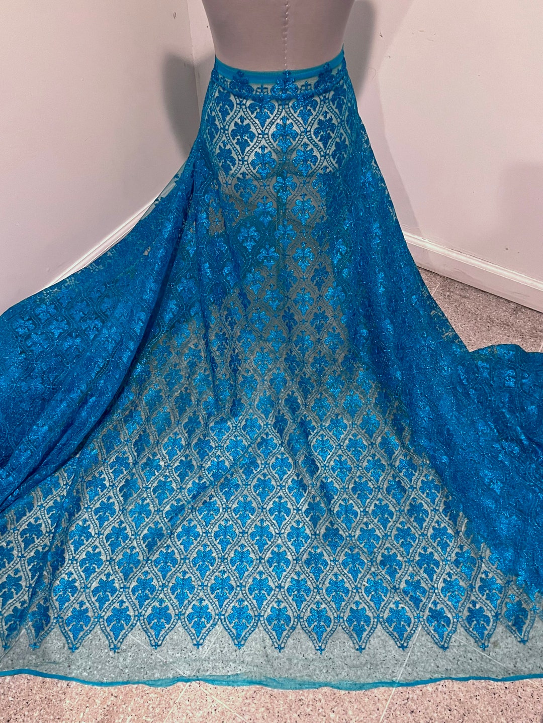 Turquoise Embroidered Lace Mesh Fabric 50 Width Sold by the Yard Etsy