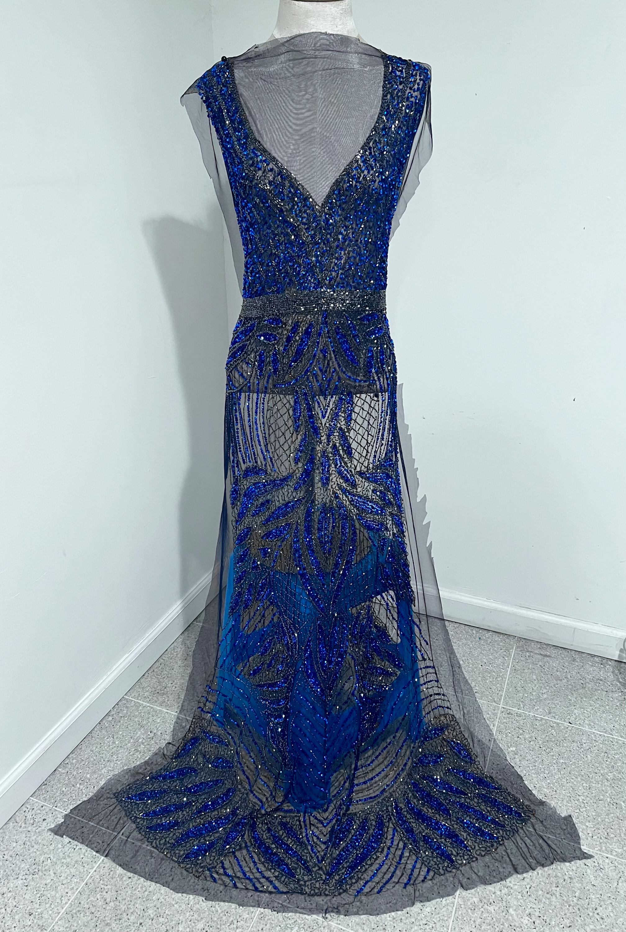 Blue Beaded Sequins Embroidery Long Dress Collar Applique BRIDAL