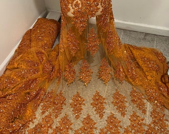 Orange heavy beaded sequins rhinestones embroidery bridal lace fabric 50” width sold by the Yard