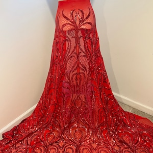 RED 4way stretch sequins lace mesh fabric 50” width sold by the yard