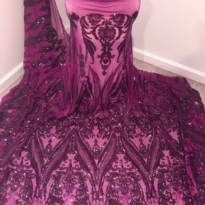 Purple 4way stretch  sequins  mesh lace fabric 50” width sold by the yard