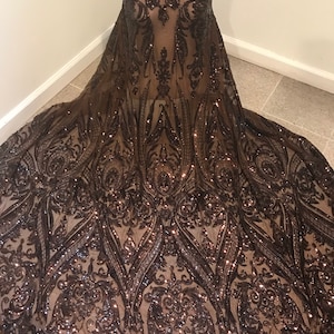 Brown 4way stretch sequins lace mesh fabric 50” width sold by yard
