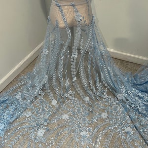 Sky blue pearl beaded sequins 3D flower embroidery bridal lace fabric 50” width sold by the Yard