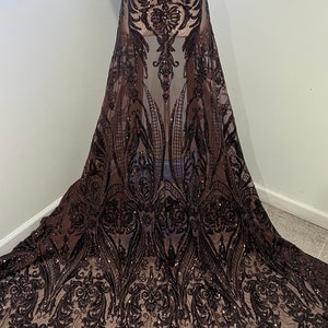Brown 4way stretch sequins lace mesh fabric 50” width sold by the yard