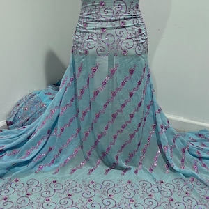 Blue Pink multicolor Sequins Embroidery chiffon lace Fabric 40” Width Sold By The Yard