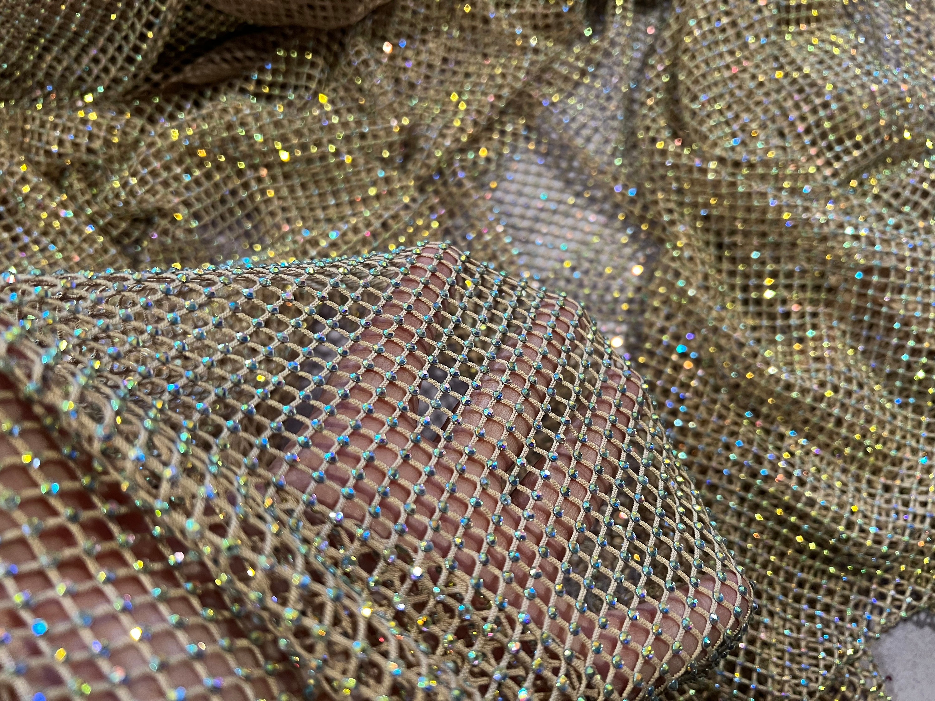 Red Rhinestone Fabric On Red Stretch Net Fabric, Spandex Fish Net with  Crystal Stones sold by the yard