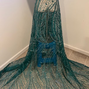 Teal Green Silver Rhinestones glitter lace mesh fabric 48” width sold by the yard