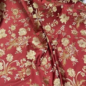 Ruby Red Gold Green Upholstery Jacquard Brocade Fabric 54” Width Sold By Yard