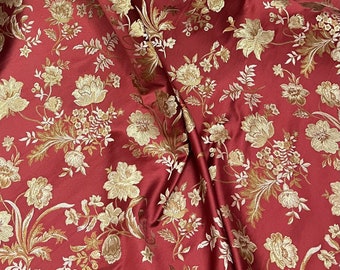 Ruby Red Gold Green Upholstery Jacquard Brocade Fabric 54” Width Sold By Yard