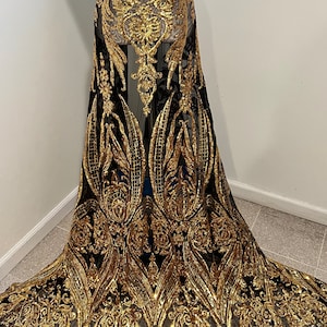 Black gold 4way stretch sequins lace mesh fabric 50” width sold by the yard