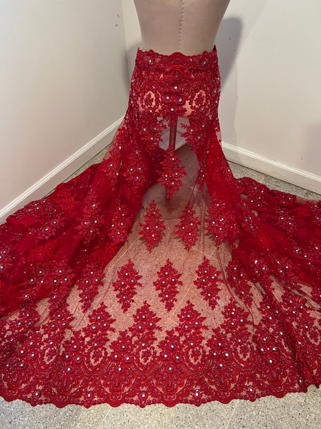 Red Heavy Beaded Sequins Rhinestones Embroidery Bridal Lace Fabric 50