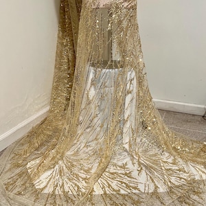 Gold  beaded sequins  embroidery bridal lace fabric 50” width sold by the Yard