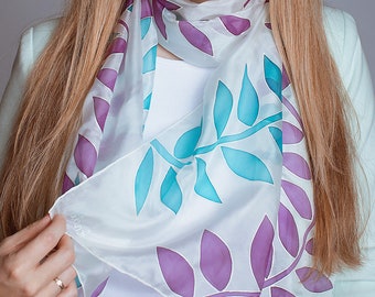 Hand pained silk scarf | Blue And Purple Leaves Silk Scarf | Batik scarf, floral silk scarf, Blue silk scarf, purple silk scarf