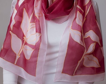 Pink-Red Flower Hand Painted Silk Scarf, Flowers silk scarf, women silk scarf