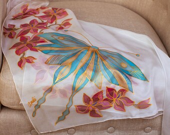 Luxury butterfly Hand Painted Silk Scarf, Square silk scarf, Batik Silk Scarf, silk head scarf