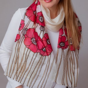 Rote Mohnblumen von Hand bemalt Seide Schal| Batik-Schal, Blumen Seidenschal, Anoli Design von Hand bemalt Seide Schal, kostenloser Versand