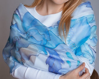 Hand Painted Silk Scarf | Blue Peony Handpainted Silk Scarf | Women silk scarf | Gift for Her