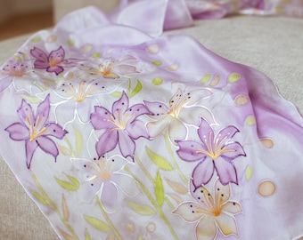 Lily Hand Painted Silk Scarf, Purple silk scarf, Summer silk scarf